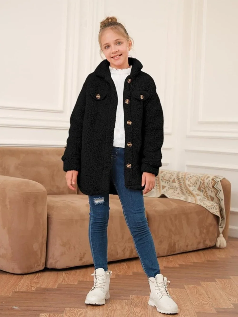 Kids Girl's Black Polyester Casual Button Down Sherpa Faux Fur Fleece Jacket